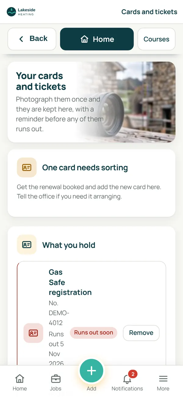 SiteCabin cards and tickets screen: one card needs sorting