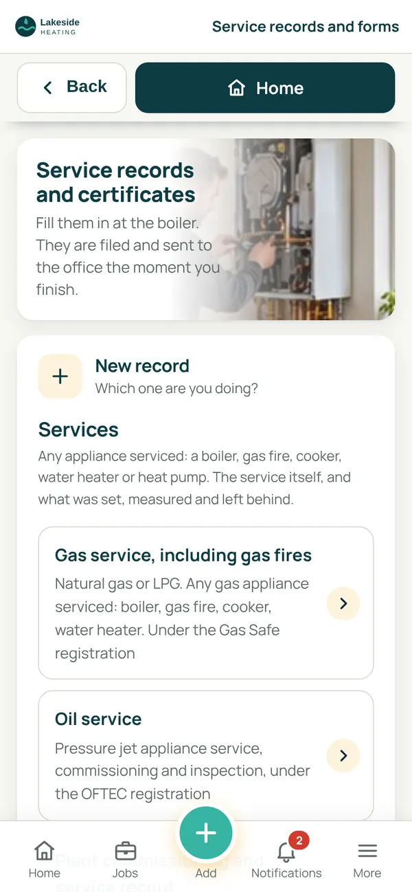 SiteCabin service records screen: the list of heating forms