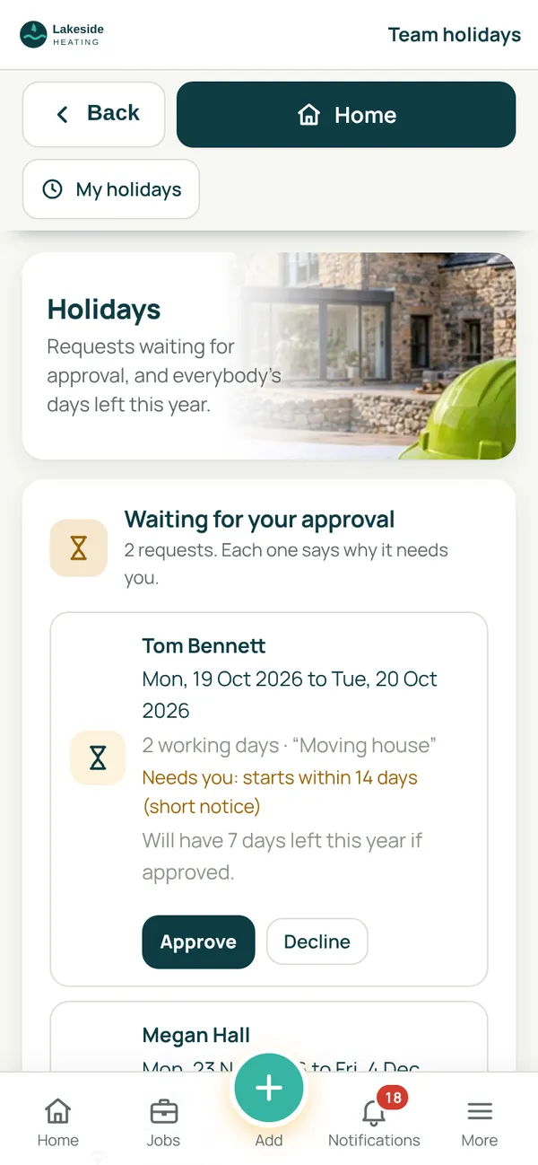 SiteCabin team holidays screen: requests waiting for approval