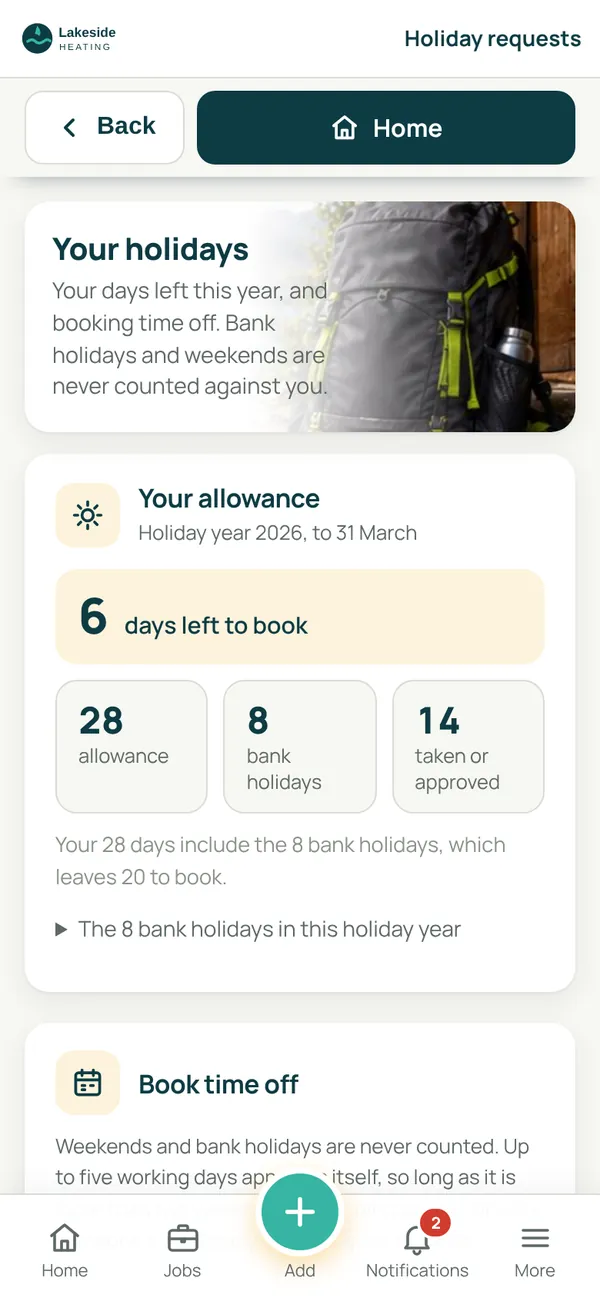 SiteCabin holidays screen: days left to book and the allowance