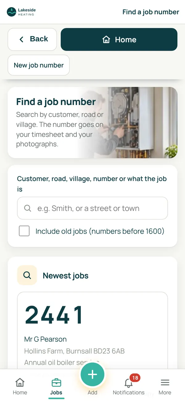 SiteCabin find a job number screen: the newest jobs
