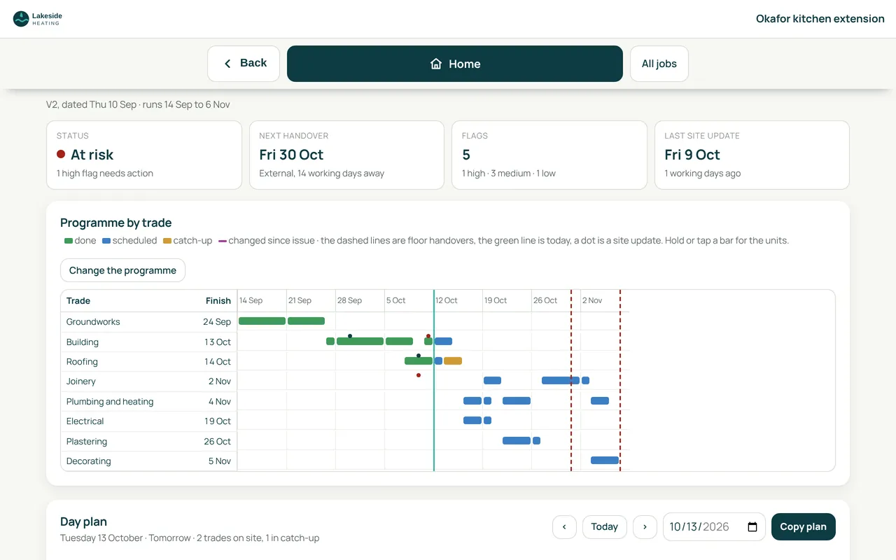 SiteCabin programme screen on a laptop: the Gantt chart by trade for a kitchen extension