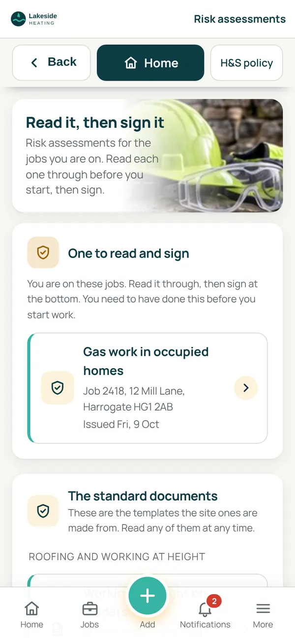 SiteCabin risk assessments screen: one to read and sign for a job