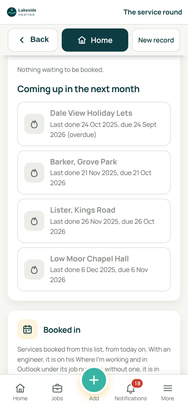 SiteCabin service round screen: properties coming up for a service