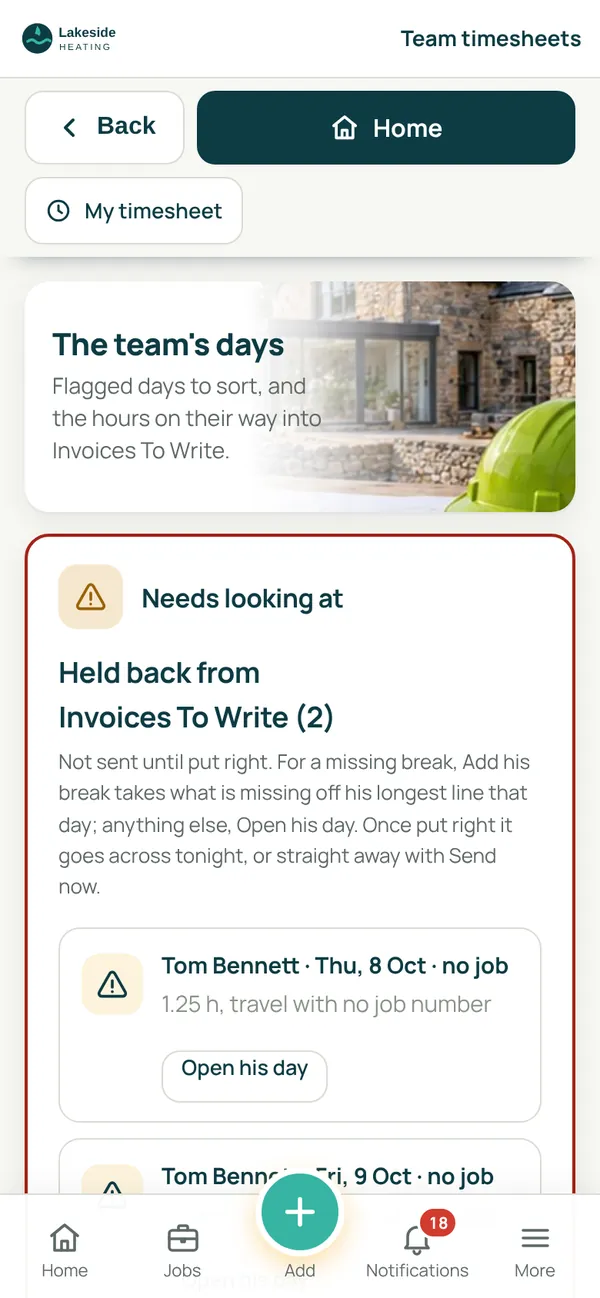 SiteCabin team timesheets screen: days flagged for the office to look at
