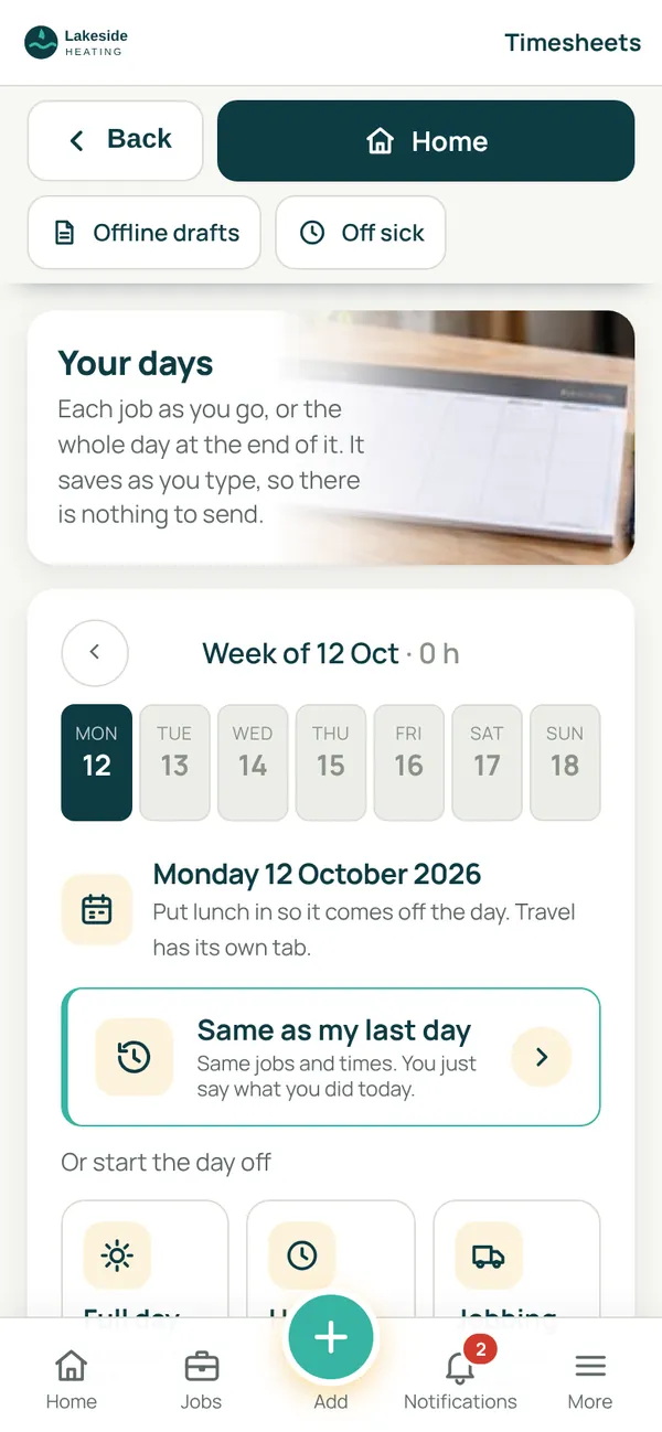 SiteCabin timesheet screen: a week of days and the Same as my last day button
