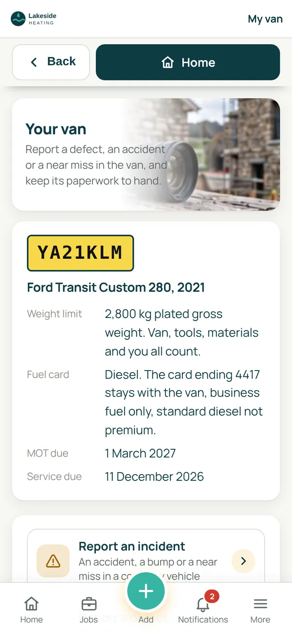 SiteCabin van screen: registration, fuel card, MOT and service dates